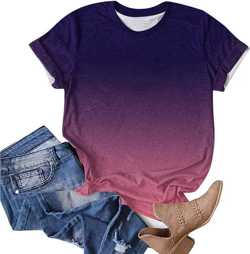 Vista 4 de Camisetas básicas de moda para mujer, estilo casual, cuello redondo, holgadas, estampadas, de manga corta, camisetas lisas
