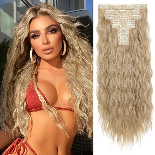 Vista 15 de REECHO Extensiones de cabello con clip, 5 piezas, de 24 pulgadas, de color rubio ceniza, extensiones de cabello con ondas largas y sueltas, HE002