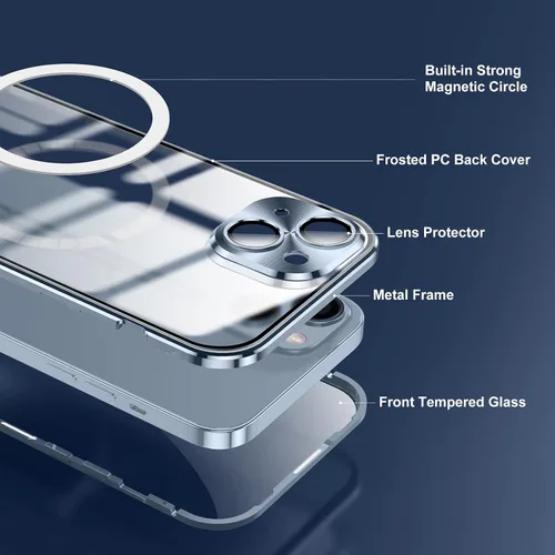 Vista 6 de Funda para iPhone 14, protección de doble cara de 360 grados, compatible con Magsafe de absorción magnética, parachoques de metal frontal de vidrio