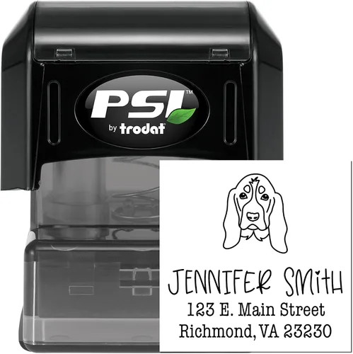 Vista 2 de Sello de dirección personalizado Basset Hound – Sello personalizable con nombre y dirección para sobres, ideal para amantes de los perros