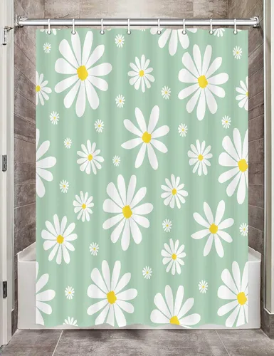 Vista 8 de Cortina de ducha con diseño floral de margaritas azules para caravana, remolque, baño, lindo juego de cortinas de ducha de tela estrecha y corta