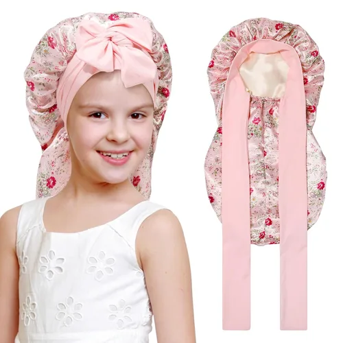 Vista 18 de Gorro de pelo largo para niños para dormir - Gorro de satén elástico de doble capa para niñas con banda de amarre para cabello trenzado y rizado