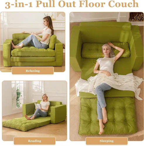 Vista 5 de YOSHOOT Sofá Cama Loveseat, Sofá Convertible de 55" Sofá Cama Sillón Futón para Sala de Estar, Sofá de Piso Extraíble 3 en 1 con Respaldo y verde