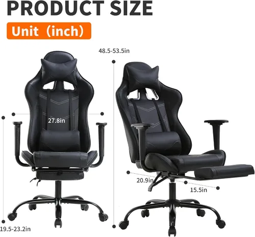 Vista 3 de BestOffice Silla ergonómica para juegos Negro Silla reclinable para computadora con soporte lumbar, almohada reposacabezas y reposapiés