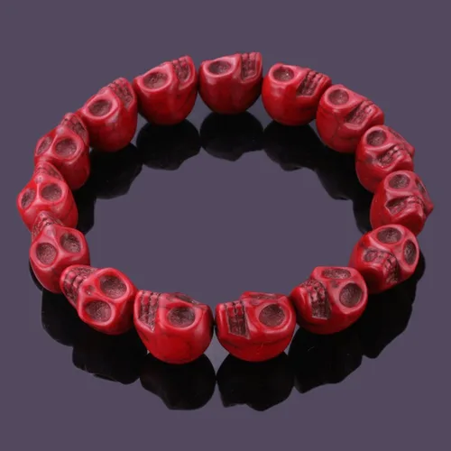 Vista 3 de JewelrieShop- colorido brazalete de oración tibetana con cuentas de calaveras de howlita turquesa, elástico, unisex