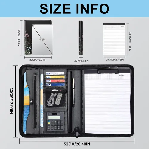 Vista 2 de Eshow Padfolio para hombres y mujeres con bolígrafo, cartera de cuero con cremallera, organizador profesional de currículum de entrevistas