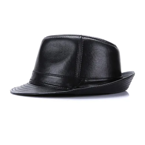 Vista 7 de Sombrero de cuero negro para hombre, sombrero de cuero de oveja vintage, sombrero clásico de cuero de Fedora de caballero para hombre, sombrero