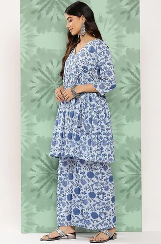 Vista 4 de Janasya Túnica de algodón azul claro indio estampado botánico con palazzo para mujer