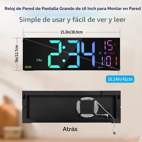 Vista 5 de LEIKE Reloj de pared digital grande de 16.2 pulgadas con control remoto, LED grande, alarma dual, 8 colores RGB, brillo automático, fecha, DST Negro