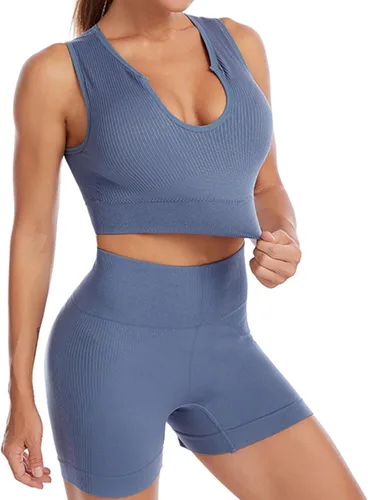 Vista 2 de Conjuntos de entrenamiento para mujer, 2 piezas, acanaladas, sin costuras, ombligueras, cintura alta, conjuntos de leggings de yoga, conjuntos