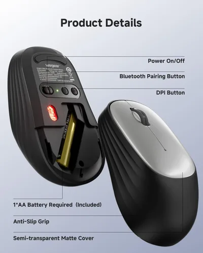 Vista 6 de wegear Ratón inalámbrico Bluetooth para laptop, PC, MacBook, Chromebook, seguimiento óptico de 1600 DPI, mouse de diente azul, ratón compacto