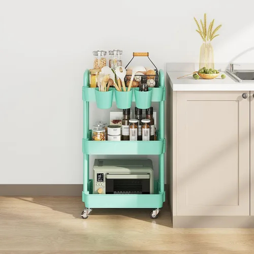 Vista 3 de UDEAR Carrito utilitario rodante de 3 niveles, estantes de almacenamiento multifuncionales con asa y ruedas con cerradura para habitación, oficina