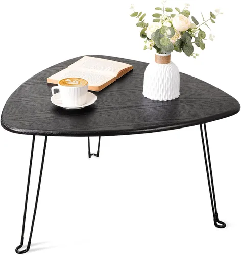 Vista 4 de Mesa de centro plegable negra de madera triangular para sentarse en el suelo, mesas auxiliares pequeñas ovaladas, mesa de centro moderna de mediados