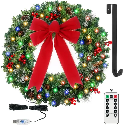 Vista 13 de Corona de Navidad Prelit de 24 pulgadas con Colgador para Puerta Delantera, Decoraciones de Navidad, 8 Modos de Luz, Impermeable, Funciona