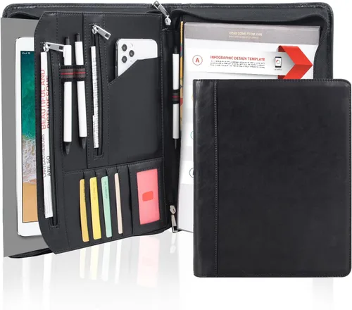 Vista 13 de AZXCG Padfolio - Carpeta de 3 anillos para mujer, carpeta de negocios de cuero vegano con cremallera, organizador de cuadernos de documentos