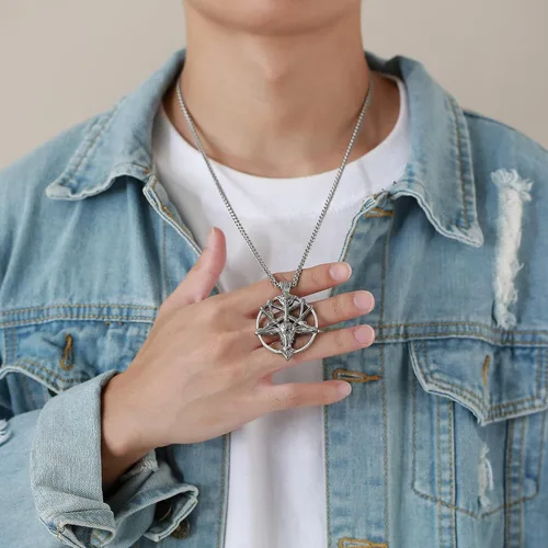 Vista 6 de Collar de pentagrama invertido de Satanás Colgante de calavera de cabeza de cabra baphomet de acero inoxidable, joyería satánica de cabra
