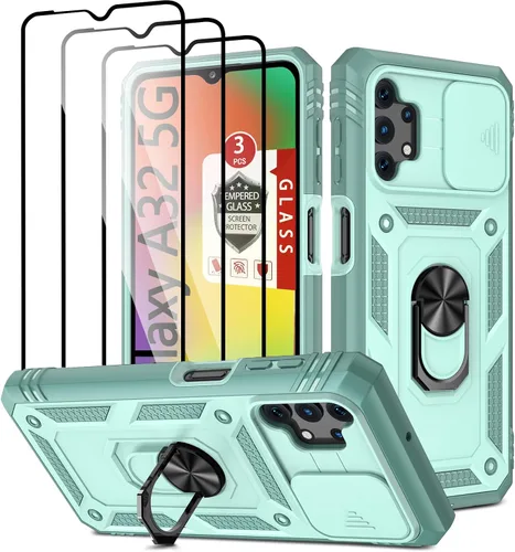 Vista 13 de Funda para Galaxy A32 5G, para Galaxy A32 con 3 protectores de pantalla de vidrio templado con soporte integrado + cubierta de cámara, carcasa
