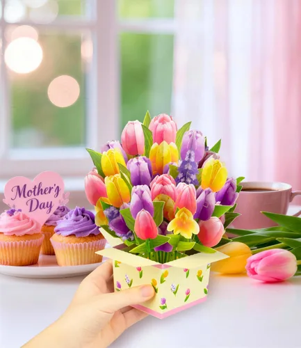 Vista 4 de Tarjeta de felicitación de primavera 3D con diseño de tulipanes coloridos para el día de la madre, cumpleaños, Pascua, aniversario, agradecimiento