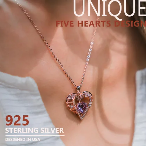 Vista 62 de Collar de cristal de 5 corazones, chapado en oro rosa de 18 quilates, colgante con cadena de plata de ley 925 de 18 + 2 pulgadas, joyería de piedra