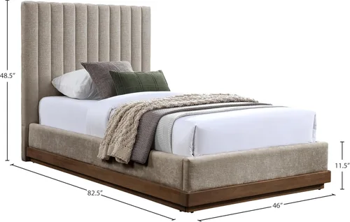Vista 3 de Meridian Furniture B1245Beige-T Emmet Collection Modern Cama individual contemporánea con tela de felpilla beige suave, acabado de nogal, base