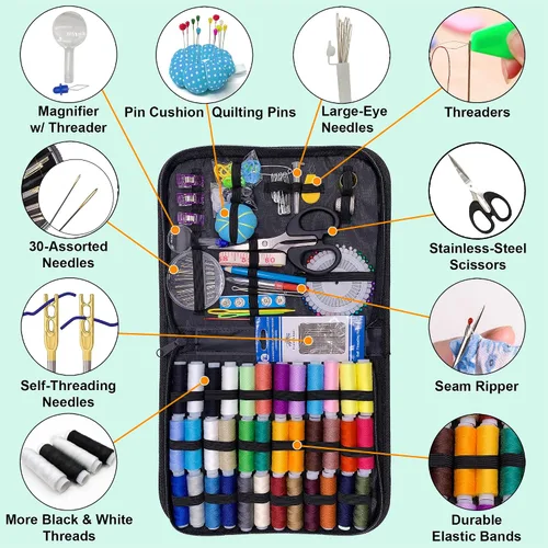 Vista 2 de Kit de costura para adultos con suministros y accesorios de costura, kit de costura a mano básico para pequeñas reparaciones, kit de costura