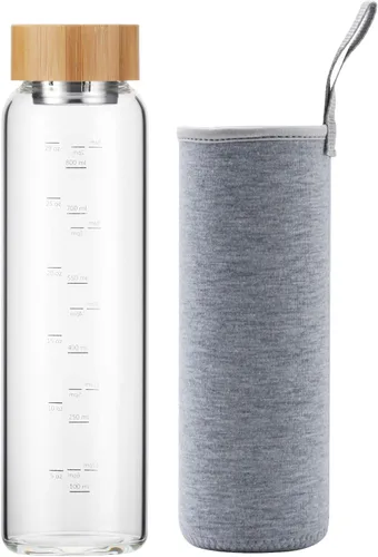 Vista 7 de sunkey Botella de agua de vidrio de 32 onzas de boca ancha con funda de bambú, botella de agua motivacional con marcador de tiempo, reutilizable