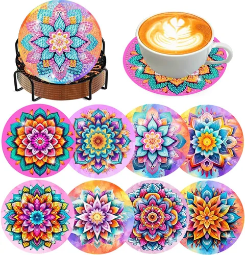 Vista 36 de Meothan Juego de 8 posavasos de arte de diamante para adultos con soporte, almohadillas de corcho, posavasos de arte de puntos de diamante de vidrio