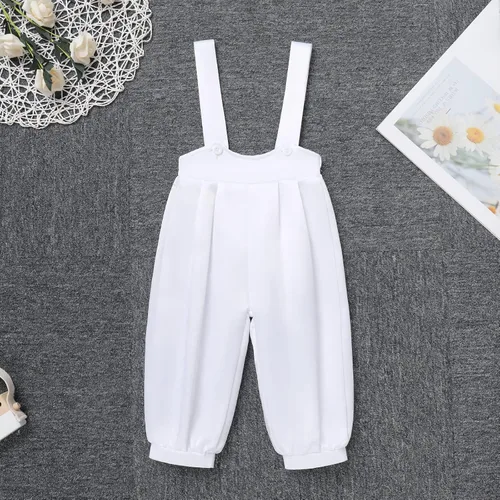 Vista 4 de Conjunto de traje formal para bebés y niños, camiseta de manga corta con lazo, tirantes, pantalones cortos, trajes de esmoquin para boda, ropa