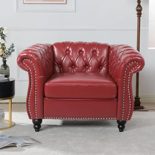 Vista 20 de LEVNARY Sillón Tapizado en Cuero, Silla Sofá Individual Estilo Mediados de Siglo Moderno con Brazos Curvos y Tachuelas, Silla Chesterfield de Cuero