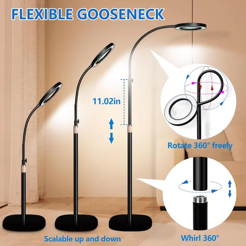 Vista 5 de HITTI Lupa de suelo de 10 veces con luz, lámpara de pie flexible de cuello de cisne, 3 modos de color, soporte de lupa con luz LED regulable