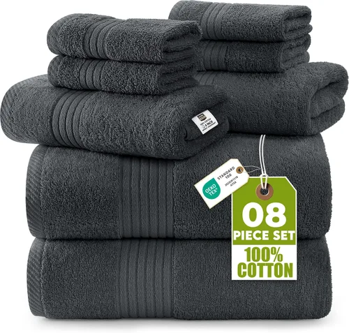Vista 17 de Set de toallas Premium 700 GSM, 8 piezas; 2 toallas de baño, 2 toallas de mano y 4 paños, algodón, lavable a máquina, calidad de hotel, supersuave