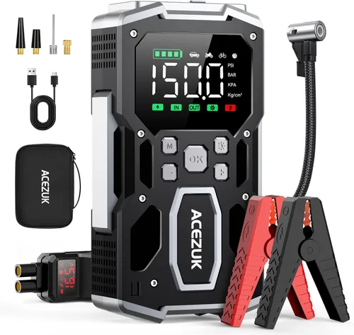 Vista 8 de Arrancador de salto con compresor de aire, 8000A 150PSI arrancador de coche portátil, paquete de arranque de 12 V (todo a gas/12L diesel)