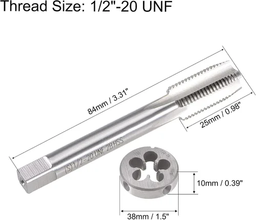 Vista 2 de uxcell 1/2 "-20 UNF Juego de dados y grifo, HSS Macho de rosca de máquina con troquel de roscado redondo, mano derecha