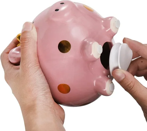 Vista 4 de Hucha de cerámica de dibujos animados, corona de cerdo, moneda, caja de dinero, caja de ahorro de monedas para adultos, niños y niñas (rosa)