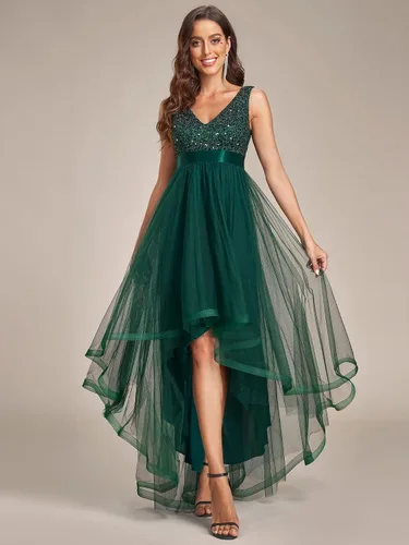 Vista 3 de Ever-Pretty Vestido de graduación para mujer, doble cuello en V, sin mangas, cintura imperio, lentejuelas, vestido formal de tul alto y bajo, 0147A