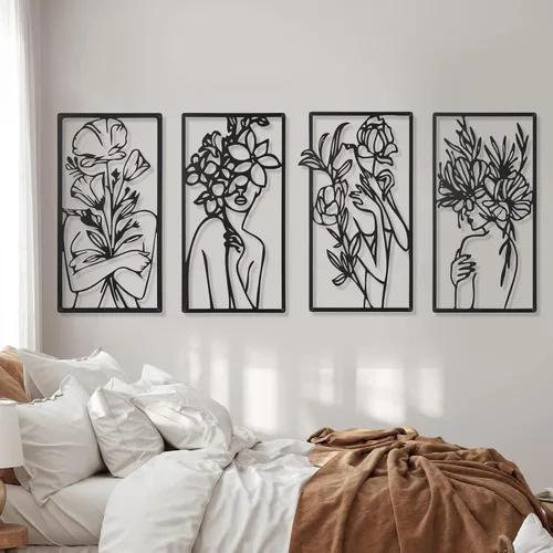 Vista 6 de Cindeer 4 piezas de metal minimalista abstracto mujer arte de pared dibujo minimalista de una sola línea arte femenino arte colgante pared