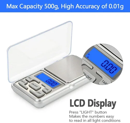 Vista 4 de Báscula digital de bolsillo, capacidad de 17.64 oz, balance de alta precisión de 0.00 oz, mini báscula de peso de recarga de gramos, báscula