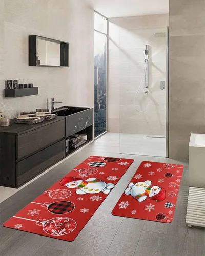 Vista 2 de Tapete de baño de muñeco de nieve rojo para bañera, antideslizante, de secado rápido y absorbente, de tierra de diatomeas, para fregadero de cocina