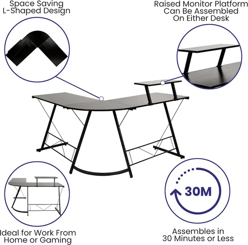 Vista 4 de Flash Furniture Ginny - Escritorio esquinero para juegos en forma de L para ahorrar espacio y estante para monitor, escritorio de computadora de 2