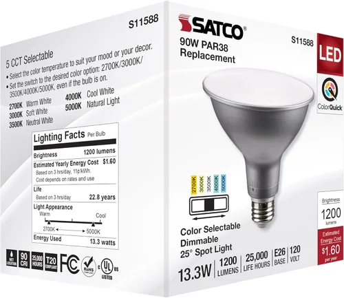 Vista 8 de Satco S11588; LED PAR38 de 13.3 vatios; base media; acabado plateado; CCT seleccionable; 120 voltios; ángulo de haz de 25 grados