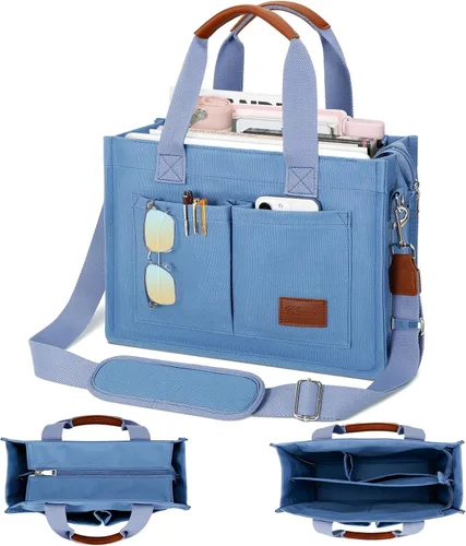 Vista 14 de Bolso grande de lona con compartimentos y cremallera para mujer de KKXIU, bolso cruzado, de trabajo, bíblico, de mensajero con bolsillos