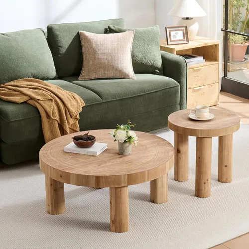 Vista 6 de RUSTOWN - Mesa auxiliar redonda de 2 piezas con patas gruesas de madera maciza Rustic Coffee Table Sets, Natural Circle Wooden Ring Finish