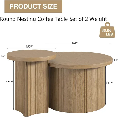 Vista 2 de Mxtxmy Juego de 2 Mesas de Café Anidadas de Estilo Granja, Mesa de Café Redonda para Sala de Estar, Juego de Mesas de Café con Acabado de Madera