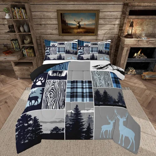 Vista 12 de Juego de edredón de cabaña rústica navideña, juego de ropa de cama estilo rústico con diseño de osos y ciervos, tamaño completo, patchwork Multi 08