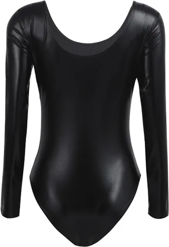 Vista 2 de FEESHOW Maillot de gimnasia de manga larga brillante metálico para mujer Negro