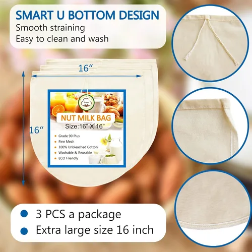 Vista 2 de Paquete de 3 bolsas de leche de nuez de 16 x 16 pulgadas para colar, 100% tela de algodón sin blanquear, gasa reutilizable, colador para leche