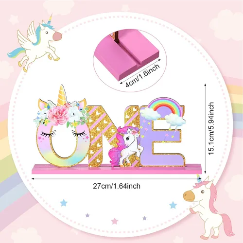 Vista 2 de Decoraciones de cumpleaños de unicornio, letrero de una letra de unicornio para el primer cumpleaños, centro de mesa de madera de una mesa