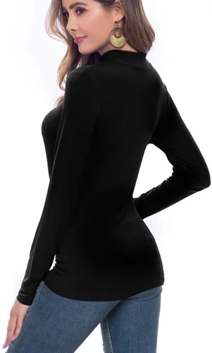 Vista 4 de Camisas de manga larga para mujer, cuello alto, ajustadas, básicas, elásticas, ligeras, de capa