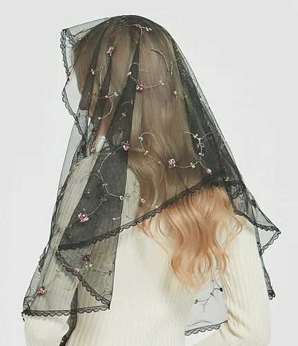 Vista 5 de V50 - Velo ortodoxo con flores bordadas capilla católica velo de mantilla