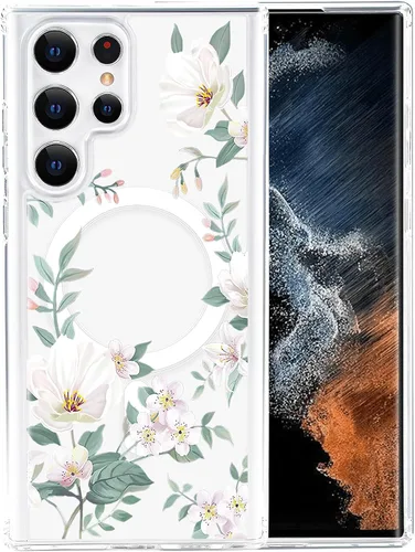 Vista 61 de Funda magnética para Samsung Galaxy S22 Ultra Flower, compatible con MagSafe, patrón floral transparente a prueba de golpes, parte trasera